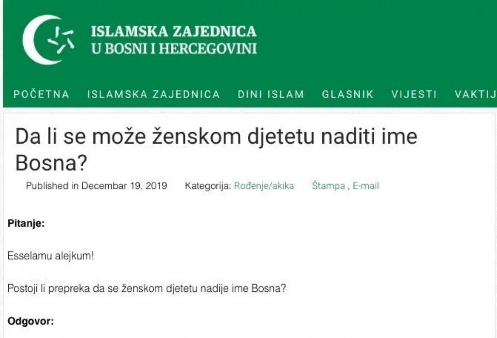 Vjernik pitao Islamsku zajednicu BiH: Da li se ženskom djetetu može dati ime Bosna?