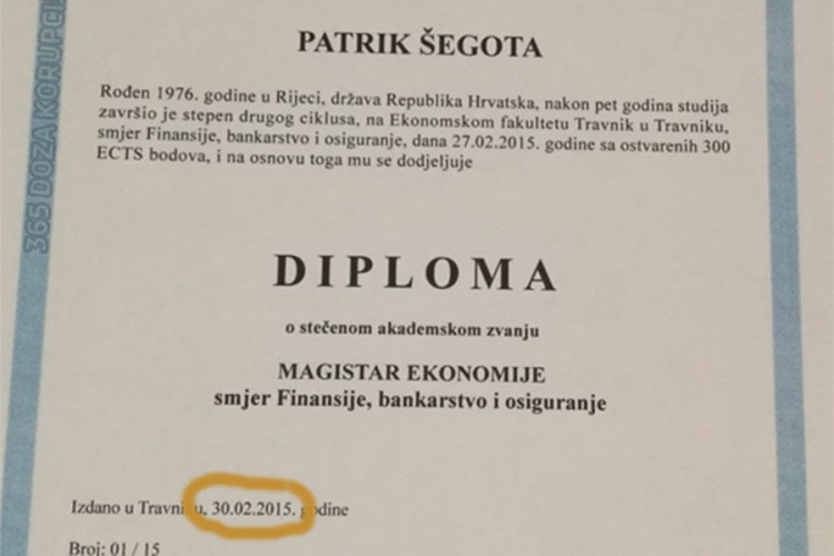 Diploma fakulteta u Travniku izdata 30. februara!?