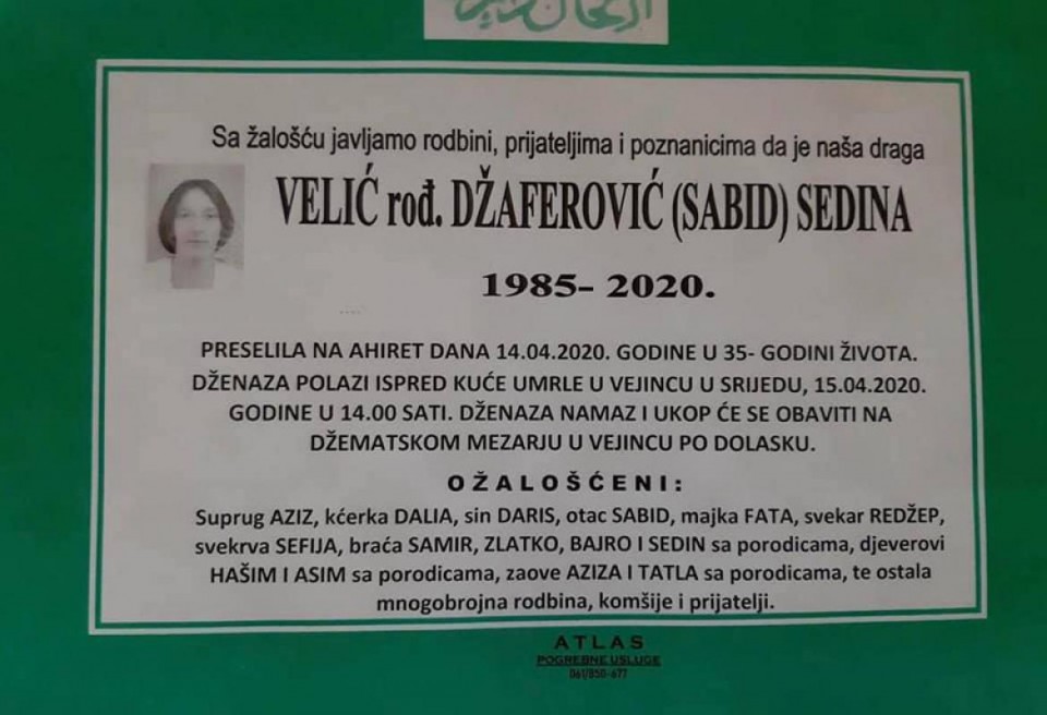 Bolna priča iz Velike Kladuše: Iz karantina na dženazu kćerki Sedini!