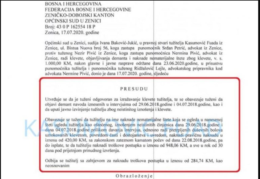 Presuda: Predsjednik SDA Zenica Nezir Pivić kriv za klevetu i iznošenje laži protiv Kasumovića