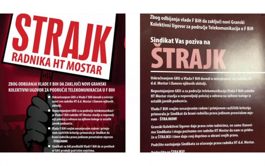 Sindikat radnika HT Mostar – MI SVOJU PLAĆU ZARAĐUJEMO, za razliku od Vas“