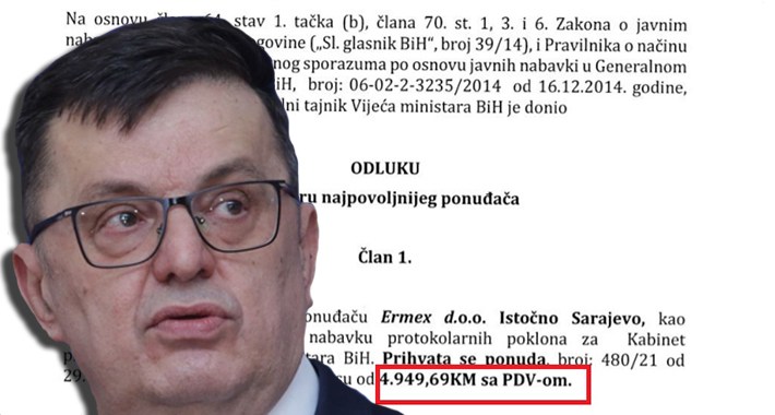 Vijeća ministara BiH Zorana Tegeltije (SNSD) iz budžeta je potrošio 5.000 KM za nabavku protokolarnih poklona