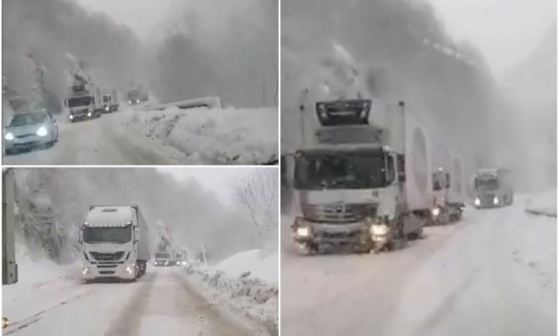 (VIDEO) Snijeg napravio probleme u BiH: Kamioni zapeli na zaleđenoj cesti, stijena pala na auto