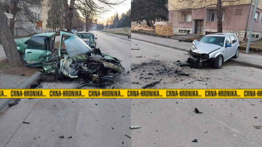 (FOTO) Teška nesreća u Drvaru: Uništeni automobili, jedna osoba teško povrijeđena