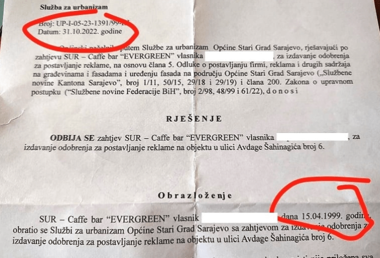 Općini u Sarajevu trebalo 23 godine da donese odluku o postavljanju reklame na kafić?