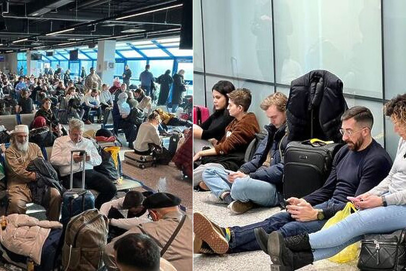 Zbog magle velika gužva na aerodromu u Sarajevu, putnici sjede na podu u iščekivanju leta