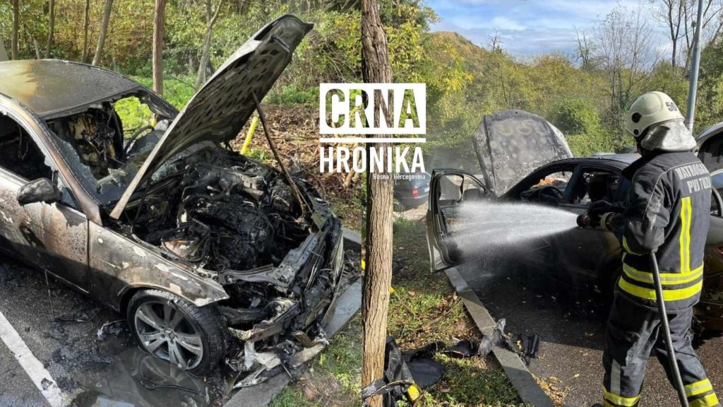 (FOTO) Mercedes se zapalio na parkingu u Tuzli, jedna osoba povrijeđena prilikom gašenja vatre