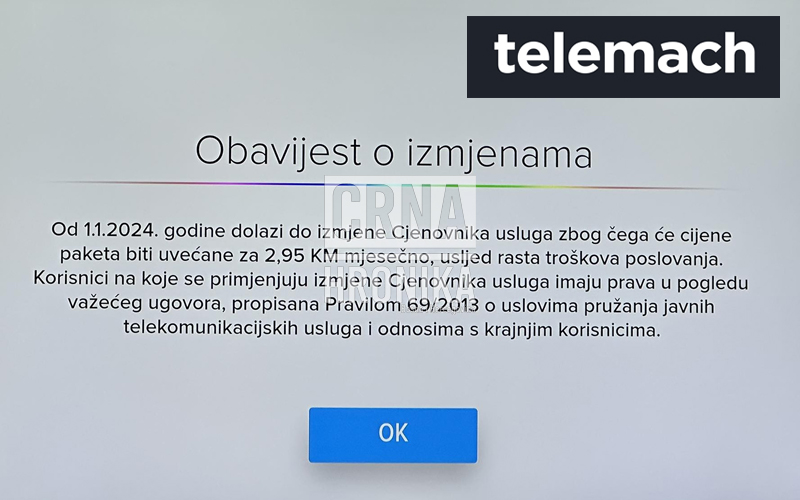 Telemach BH: Dižemo vam cijene računa za 2,95 KM mjesečno, imamo veće troškove poslovanja